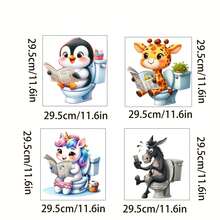 1pc Home Decorations Cute Funny Cartoon Animals Newspaper Reading Toilet Sticker - Waterproof Self-Adhesive Bathroom Sticker, Compatible With Ceramic Surfaces, Animal Theme, Square, Must-Have Decorative Sticker For Home, Toilet Decoration Items Refresh Your Home