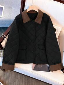Fashionable Patchwork Quilted Collar Long Sleeve Loose Padded Coat With Pockets And Buttons