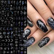 Mystical Nail Art Stickers Decals Set Of 4, Geometric Fantasy Theme With Glitter, PET Self-Adhesive Embellishments, Moon Stars Eye Snake Irregular Shapes, Shimmery Finish, Single-Use Plastic Surface Decals - 彩色 - 查看 1