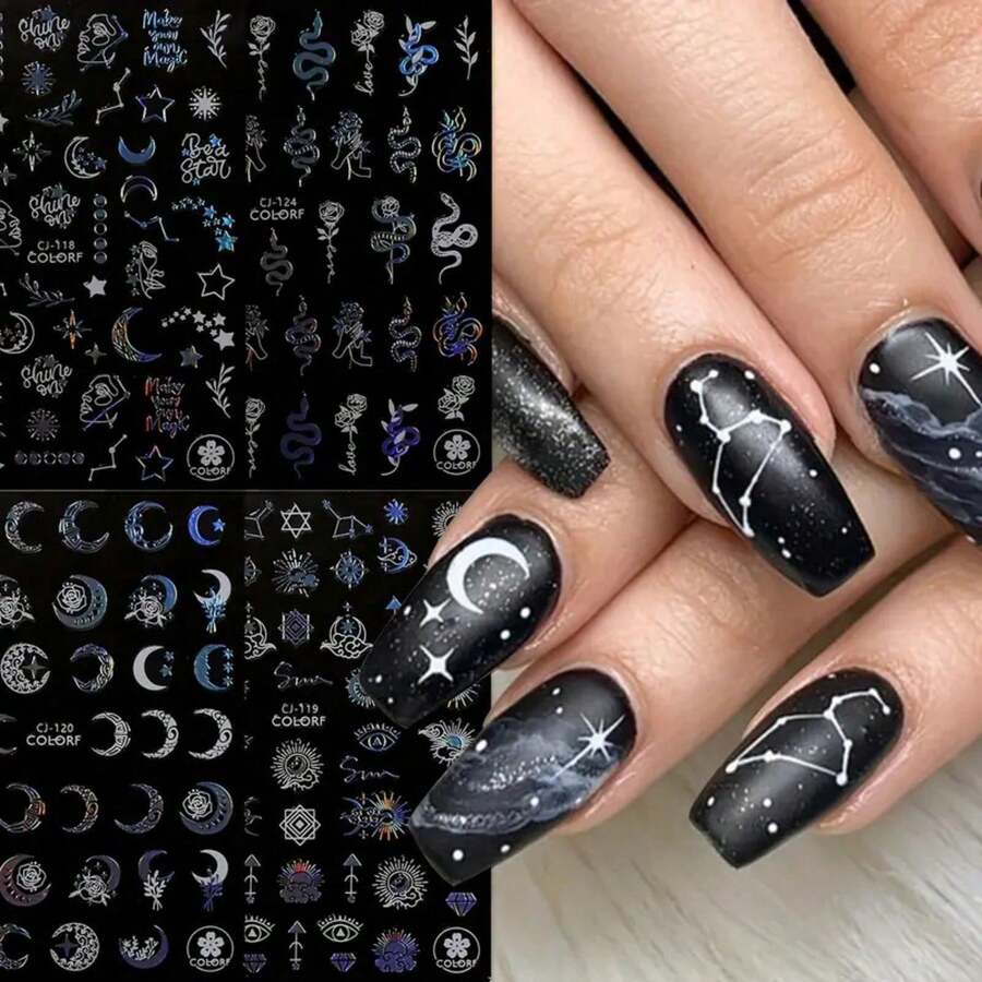 Mystical Nail Art Stickers Decals Set Of 4, Geometric Fantasy Theme With Glitter, PET Self-Adhesive Embellishments, Moon Stars Eye Snake Irregular Shapes, Shimmery Finish, Single-Use Plastic Surface Decals - 彩色 - 查看 1