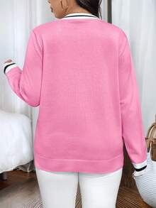 大码休闲条纹撞色V领针织套头衫 - 粉色 - 查看 2