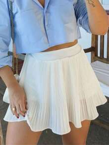 Shorts Skirt Pleated Short Round Loose High Waist Outfit Look Women's Fashion Spring Summer - trắng - Xem 3