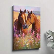1PC Oil Painting Of Two Brown Horses In A Meadow With Wildflowers12X16inch And 16x24inch Framed , Classic Wooden Frame, Suitable For Living Room, Bedroom, Bathroom And Other Decorations, Perfect Gifts For Christmas, Halloween And Thanksgiving