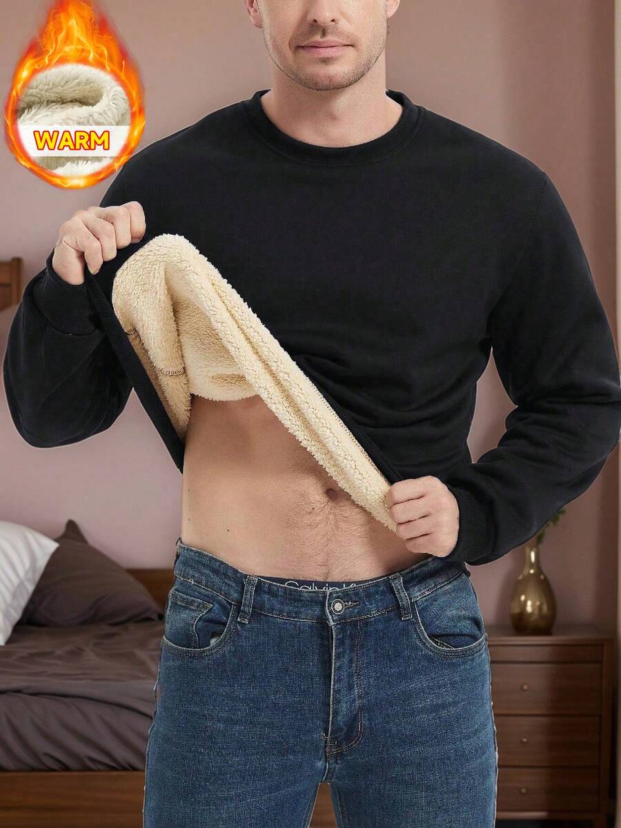 男士秋冬保暖羊羔绒套头卫衣，休闲百搭，适合日常穿着、通勤、户外运动，内衬保暖层，简约圆领设计