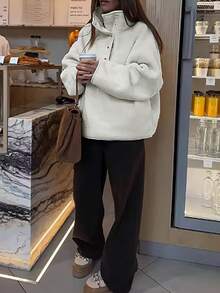 Women's Loose Elegant Casual Slouchy Stand Collar Sweatshirt Top, Autumn/Winter - Beige - View 3