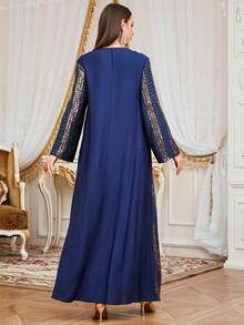 Elegant Women's Long Kaftan Robe, Gold Embroidery, Long Sleeve, Flowing Woven Fabric, Round Neck Jalabiya Dress, Suitable For Festival, Celebrations Spring - Navy Blue - View 3