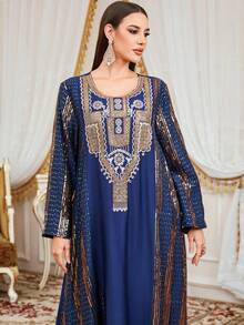 Elegant Women's Long Kaftan Robe, Gold Embroidery, Long Sleeve, Flowing Woven Fabric, Round Neck Jalabiya Dress, Suitable For Festival, Celebrations Spring - Navy Blue - View 4