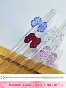 6 件可重复使用玻璃吸管，带粉色蝴蝶结，防碎，可爱弯曲饮用吸管，带清洁刷，适用于冷热饮料、茶吧饮具、新娘送礼会和热带派对的杯子配件、适用于童话花园和婚礼装饰的异想天开的饮用套装 - 彩色 - 查看 29