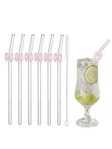 1 pièce/2 pièces Pailles en verre réutilisables avec nœud rose résistantes aux chocs, pailles de boisson pliables mignonnes avec brosses de nettoyage pour boissons froides et chaudes, thés, bar, accessoires de tasse pour enterrements de vie de jeune fille et fêtes tropicales, set de boisson fantaisiste pour jardin de fées et décoration de mariage, fournitures de fête de Noël, dîner en famille