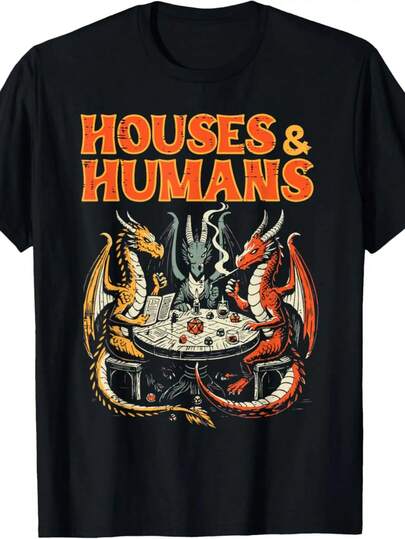 Men's Funny  Inspired T-Shirt - Houses & Humans RPG Parody Gamer Tee With Dragon & Wizard Battle Design, 100% Comfort Fit Casual Tabletop Gaming Apparel For D&D Fans, Retro Style Crew Neck With Vibrant Print, Ideal For Summer, Spring, Fall & Daily Wear, Perfect Gift For Gamers