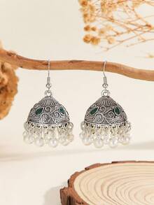 1 pereche cercei Jhumka vintage, cercei Jhumki sculptați cu perle artificiale și picătură de apă, potriviți pentru femei și fete în fiecare zi, pentru festivaluri, nunți și petreceri/bijuterii cadou