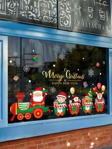 Juego de pegatinas para ventanas navideñas, Feliz Navidad y Próspero Año Nuevo, pegatinas de Papá Noel, tren, copos de nieve y caja de regalo, pegatinas de PVC removibles para ventanas navideñas, decoraciones navideñas, pegatinas para ventanas con temática de tren navideño, pegatinas decorativas de Papá Noel y renos - Multicolor - Ver 3