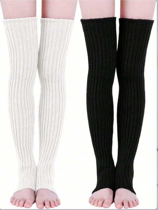2 Stück Beinwärmer, Herbst, Beinwärmer für Damen, Stiefel für Damen, L Weiß Beinwärmer, schwarze lange gestrickte Beinwärmer über dem Knie, Winter Beinwärmer hohe fußlose Kniestrümpfe für Damen (Die Uniform Farbcode ist zufällig)