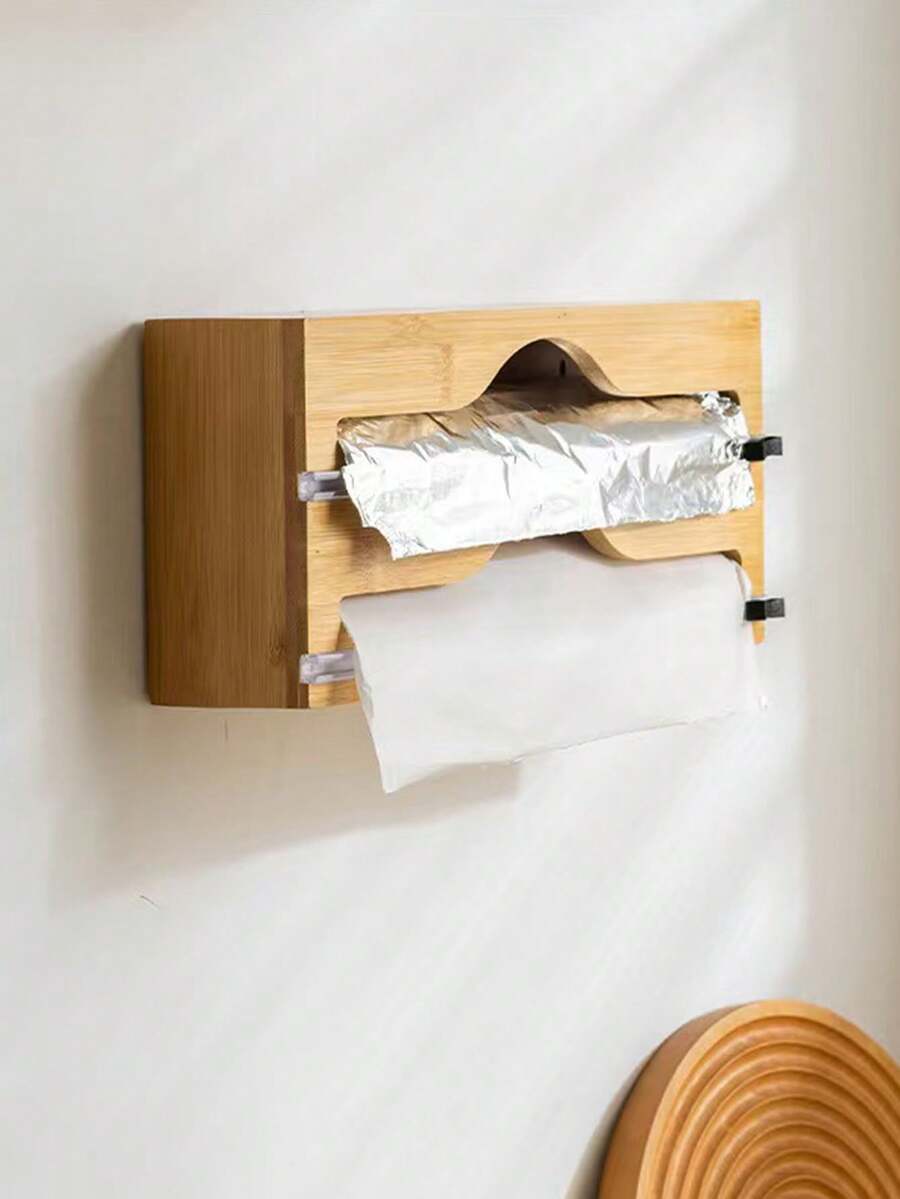 1 Stück multifunktionaler Edelstahl Frischhaltefolie Schneider, unverzichtbares Holz Küchenarbeitsplatten Gadget, wandmontierte Bambus Schubladenbox, Küchen Frischhaltefolie & Alufolie Schneider