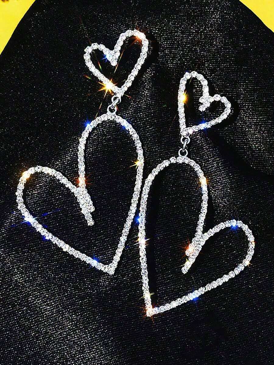 "1 Pair Silver & Gold Heart Shaped Earrings For Women – Fashionable Vintage Rhinestone Dangle Stud Jewelry, Elegant & Luxurious Charm Accessory, Perfect For Daily Wear, Parties, Valentine's Day, Anniversary, Mother's Day & Gift For Mom, Wife Or Friends" - 銀色 - 查看 1