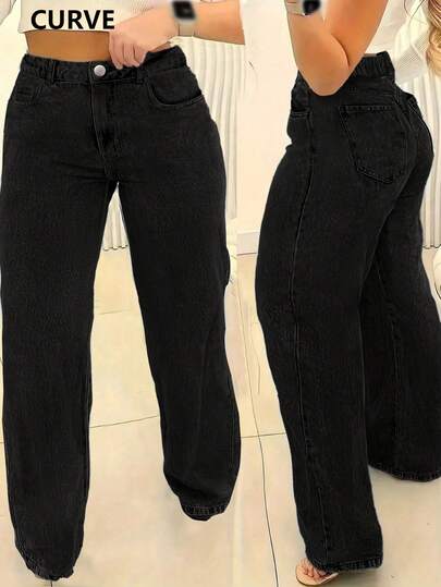 Jeans rectos de talla grande de tela no elástica con bolsillo con botón y cremallera, de longitud completa