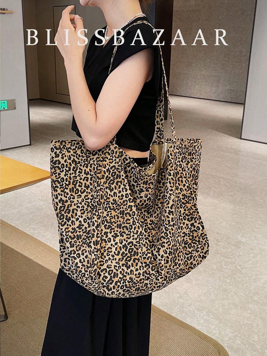 女士时尚豹纹单肩托特包，大容量沙滩包休闲购物手提包，夏季必备，非常适合度假和休假，书包，大容量，便携，适合少女、女大学生、白领，非常适合工作、返校、初中、高中、大学、度假，豹纹包，秋冬时尚猎豹印花女士钱包，新款秋冬虎纹女士包 - 彩色 - 查看 1
