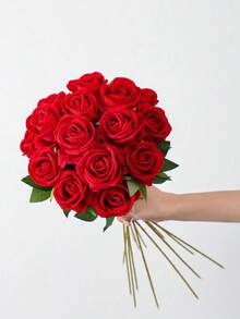 Buchet de mireasă artificial cu trandafir roșu, aranjament de flori artificiale, trandafir fals potrivit pentru cadou de Ziua Îndrăgostiților, petrecere de nuntă, decor pentru casă, cadou de ziua de naștere, decorare interioară/exterioară, vază decor floral DIY