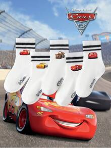 Disney 5双装儿童中筒袜，汽车卡通图案，黑白条纹，可爱图案设计，时尚休闲透气学生袜，适合日常穿着、返校季、节日礼物，袜子 - 彩色 - 查看 1