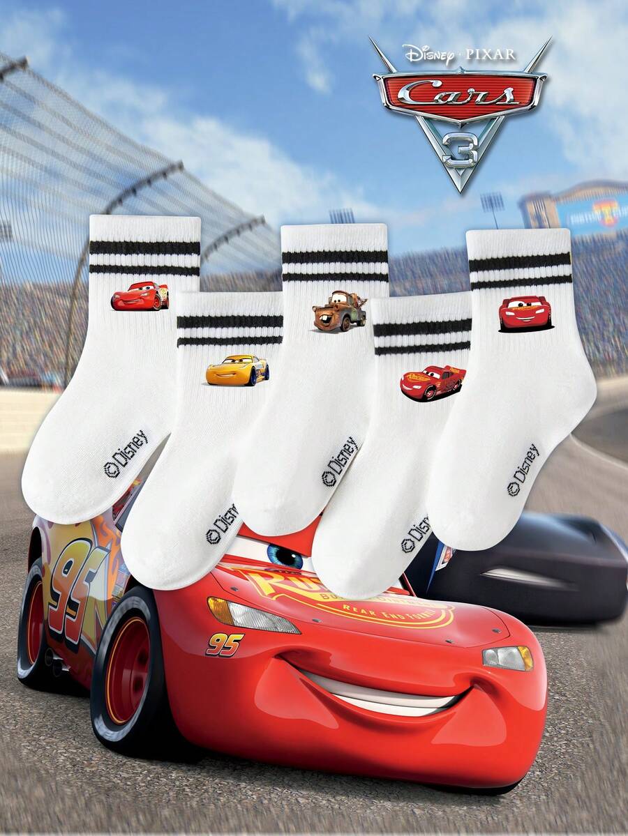 Disney 5双装儿童中筒袜，汽车卡通图案，黑白条纹，可爱图案设计，时尚休闲透气学生袜，适合日常穿着、返校季、节日礼物，袜子 - 彩色 - 查看 1