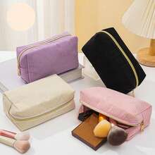 1pc Corduroy Pencil Case: Simple, Fashionable, Spacious, Suitable For Middle School Students, School Supplies - Pink - View 2