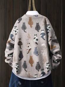 3D印花针织毛衣 - 满满可爱猫咪图案，3D立体印花，轻薄毛衣，四季皆宜，宽松休闲外套，结构化设计，显瘦效果