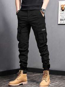 2pcs Boys & Teens Casual Sports Outdoor Pocket English Graphic Cargo Pants, Spring & Autumn