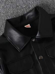 Boys' Simple & Versatile PU Leather Jacket, Long Sleeve Collar Outerwear, Fashionable Casual Soft & Comfortable Spring/Autumn Coat - Black - View 1