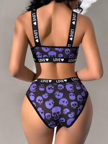 1 Set Halloween Skelett Kontrast Farbe Englisch Schleife Damen BH und Slip Set - Schwarz - Übersicht 2
