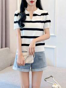 Camiseta casual de verano para mujer, moderna, de manga corta, con estampado a rayas de cereza - Blanco - Ver 4