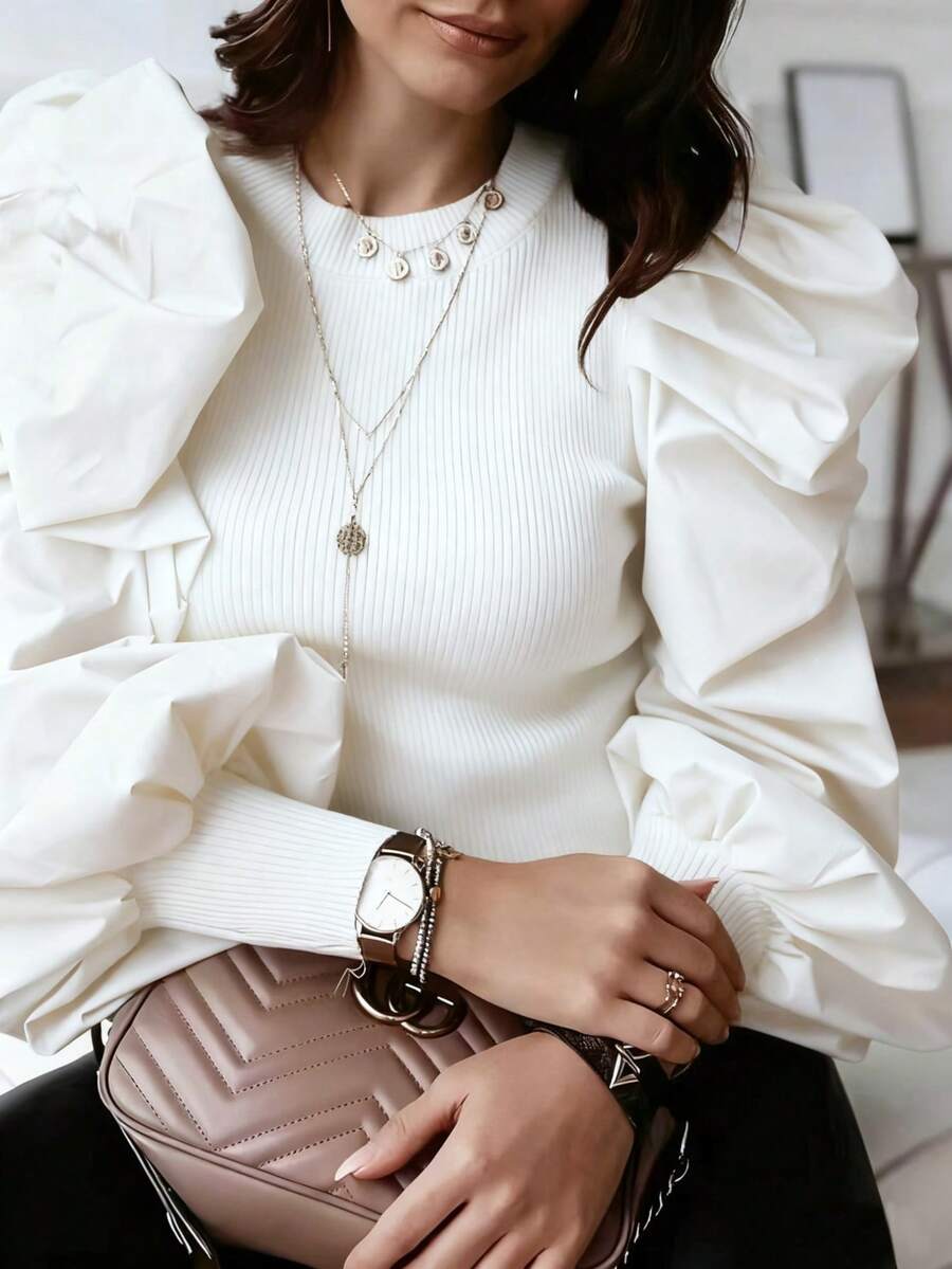 Áo nữ màu trơn cổ tròn tay phồng thời trang mùa xuân - trắng - Xem 1