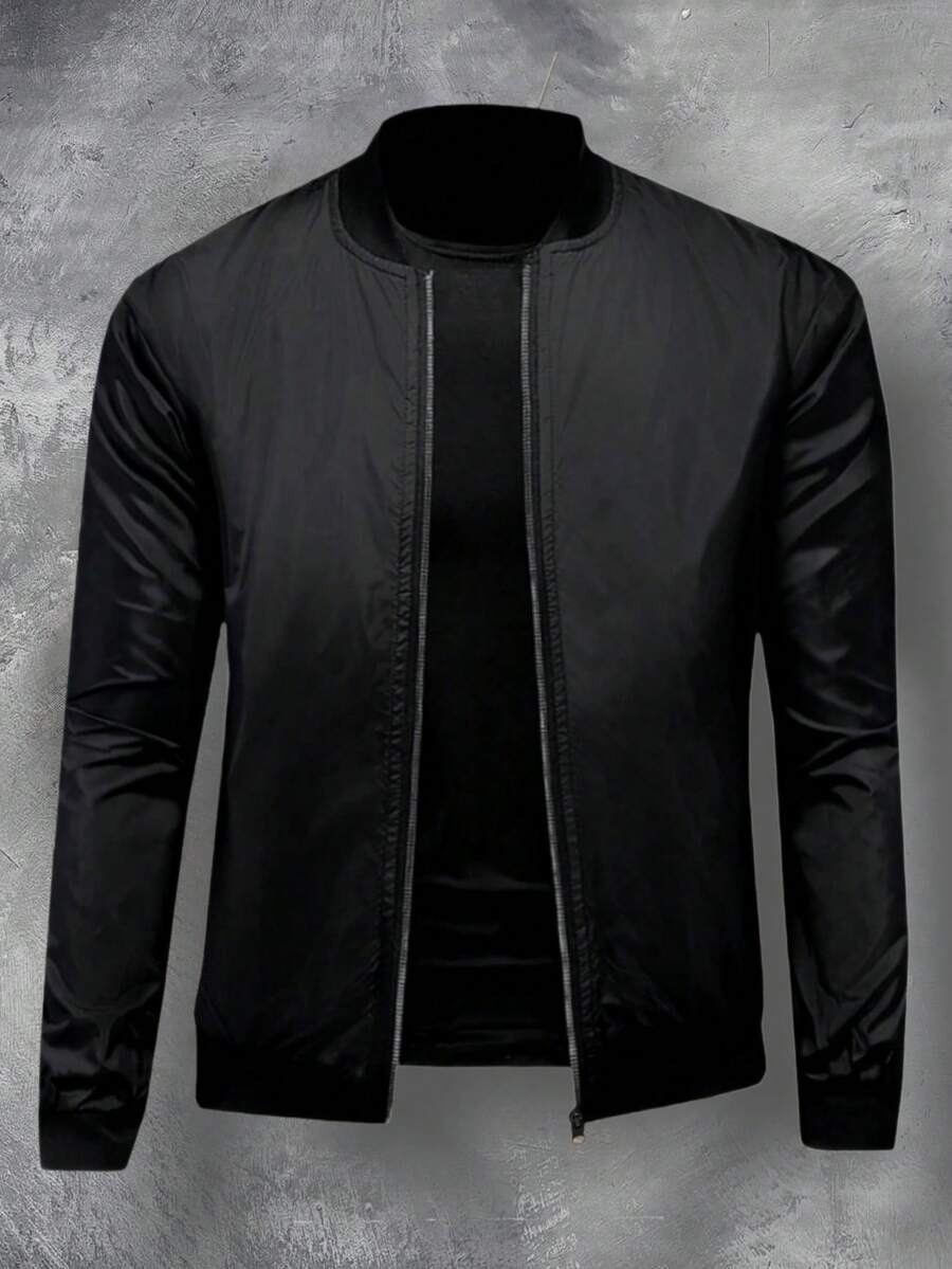 Outdoor Sports Casual Stand Collar Baseball Jacket, Zipper Windbreaker, Suitable For Father's Day - Black - View 1