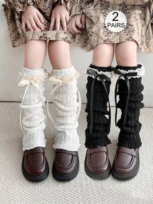 زوج/زوج واحد من الساقيات المحبوكة للأطفال والمراهقين، أكمام الساق، دافئة، فيونكة، تشطيب بالدانتيل، خريف/شتاء، جميع المواسم، أبيض، أسود، خاكي، بني، لون سادة، حافة مجعدة، أنيقة وجميلة، مناسبة للارتداء اليومي والهدايا