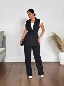 Max Women's Tailored Vest Bow Elegant Long Coat - màu đen - Xem 6