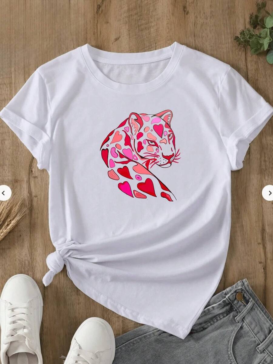 Women's Spring T-Shirt With "LOVE PANTHER" Print, Modern And Comfortable - White - View 1