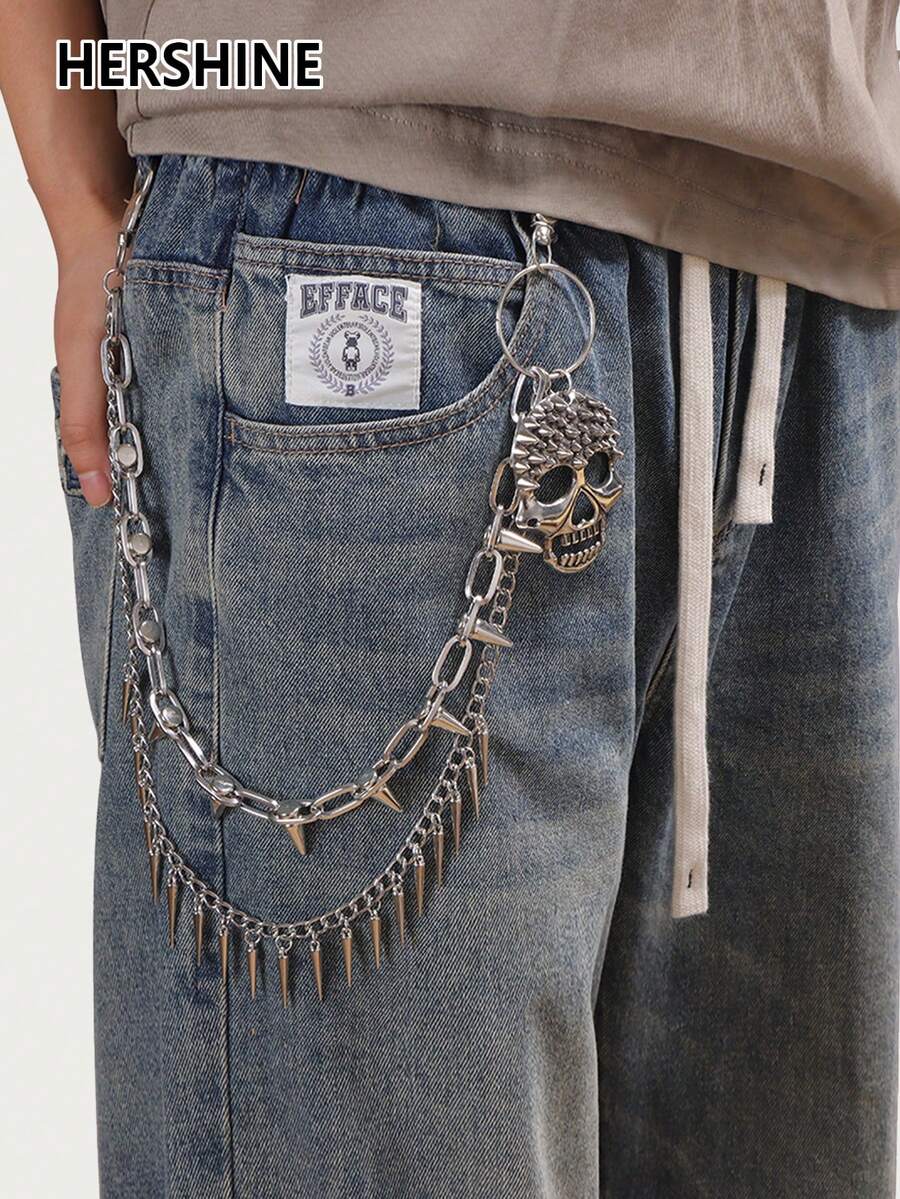 Hershine Wielowarstwowy metalowy łańcuch do spodni punkrockowych z nitami, kolcami i czaszką, personalizowany dodatek modowy dla kobiet, odpowiedni na imprezę, Halloween i Boże Narodzenie. Idealny prezent dla rodziny i przyjaciół na Boże Narodzenie, Halloween i Święto Dziękczynienia.