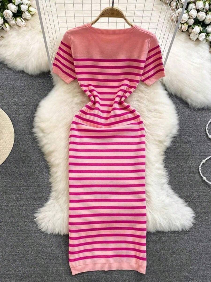 Vestido de verano de punto a rayas de playa, vestido de verano entallado de manga corta y cuello redondo, vestido de calle para exterior, vestido de rayas para mujer. - Rosa - Ver 1