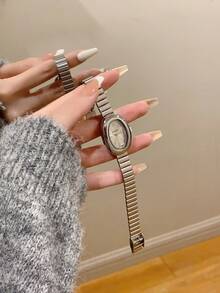 1 件女士椭圆形银黑色表盘金色石英休闲手表，适合日常佩戴 - 銀色 - 查看 2