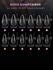 240片预成型杏仁形哑光亚克力美甲贴纸，全覆盖凝胶美甲贴纸，方形透明凝胶按压式假指甲，适用于美甲延长和居家DIY美甲