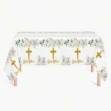 1 pieza Mantel desechable blanco con cruz y flores para bautizo, primera comunión, fiesta de cumpleaños - Temática religiosa, fabricado a máquina - Multicolor - Ver 5