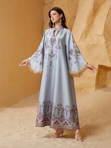 Elegant Women's Long Sleeve V-Neck Arabic Dress, Made Of Embellished Woven Fabric With Slight Stretch - NC13 - View 5
