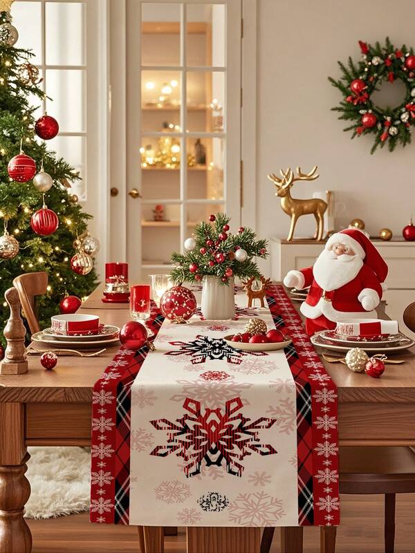 1pc Christmas Decorative Table Runner, Featuring Bell, Christmas Tree, Snowflake Prints, Digital Printing Technique, Christmas Table Decor, Available In Multiple Sizes, Linen-Like Material, Suitable For Living Room, Dining Room, Gatherings, Parties