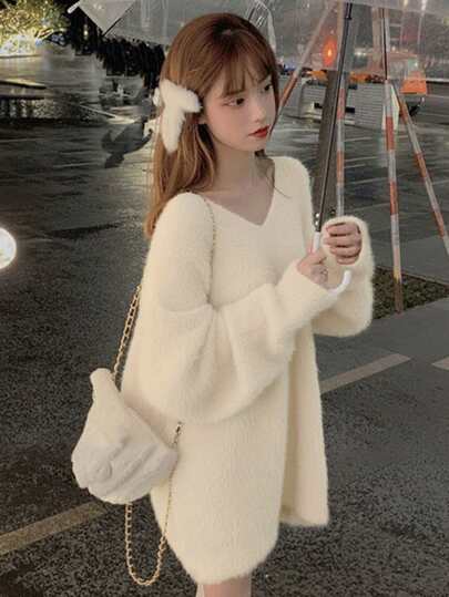 女式纯色宽松V领蓬松毛衣，秋冬