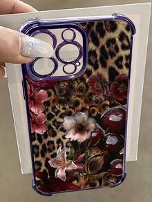 1pc Leopard Cherry Flowers Compatible With Apple Phone17/16/15/14/13/12/11/ProMax/Pro/Plus/Xs Max/XS/X,Four Corner Anti Fall Transparent Soft Shell Anti-Slip, Anti-Drop, Camera Lens Protection, Silicone Anti Wear Phone Case - 深紫色 - 查看 3