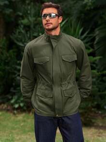 Chaqueta militar para hombre con cremallera completa y botones, chaqueta de campo con múltiples bolsillos, chaqueta cargo para exteriores, halloween - Marina de - Ver 5