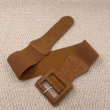 女士方形扣腰带连衣裙，时尚 PU 皮带，适合日常穿着 - 壓花棕色 - 查看 18