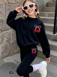 2pcs Set Girl Sweet And Cute Cherry Bow Print Sweatshirt Set, Soft And Skin - Friendly, Spring & Autumn Daily Streetwear - Black - View 1