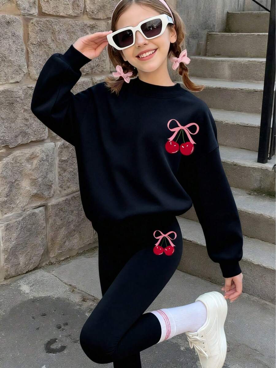 2pcs Set Girl Sweet And Cute Cherry Bow Print Sweatshirt Set, Soft And Skin - Friendly, Spring & Autumn Daily Streetwear - Black - View 1