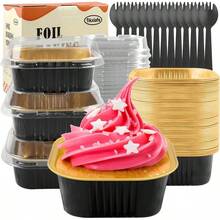 Moldes de papel de aluminio pequeños cuadrados para hornear, 50 unidades, charola desechable con tapa, contenedor para cupcakes, brownies, pasteles de queso, color dorado - Negro - - Ver 13