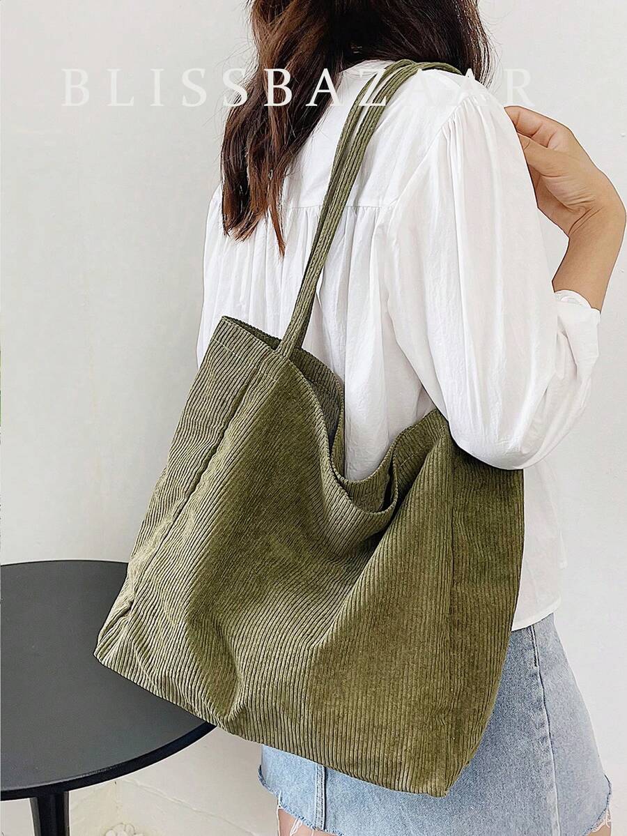 Minimalist Corduroy Shopper Bag School Bag,Large Capacity,Lightweight,Portable, Suitable For Teen Girls Women College Students, Perfect For Back To School,College,Middle School, High School,Work , Business, Commute , Green - Army Green - View 1
